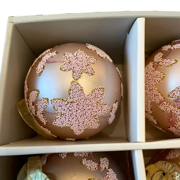 Laura Ashley Pink Beaded Glass Christmas Ornaments 3in Set of 4 Holiday Glam NEW - Picture 9 of 15